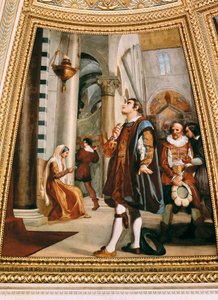 Galileo Galilei kijkt naar de kroonluchter die heen en weer zwaait in de kathedraal van Pisa 1582 door Luigi Sabatelli