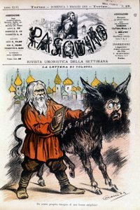 Karikatuur over Tolstoj door Luigi Sapelli Caramba betreffende de brief die Tolstoj naar de Heilige Stoel stuurde. Omslag van Pasquino van 05/05/1901. door Luigi Sapelli Caramba