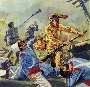 Davy Crockett viel uiteindelijk ten prooi aan de onophoudelijke Mexicaanse aanvallen (kleurenlitho) door Luis Arcas Brauner