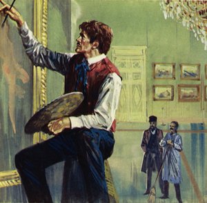 Delacroix aan het werk op zijn doek in de Parijse Salon (kleurenlitho)