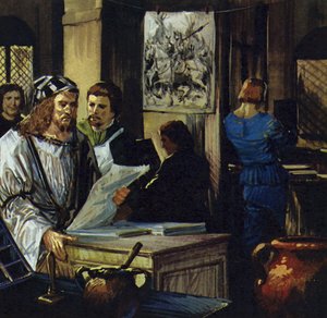 Durer ging naar Bazel en werd xylograaf (houtgraveur) (kleurenlitho)