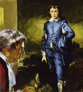 Gainsborough schildert zijn beroemde portret Blue Boy (kleurenlitho) door Luis Arcas Brauner