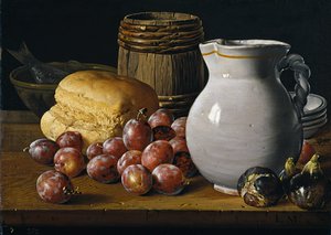 Stilleven met pruimen, vijgen, brood en kruik
