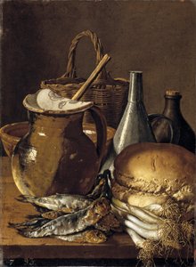 Stilleven met haringen bieslook knoflook en keukengerei door Luis Egidio Melendez