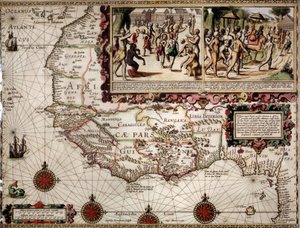 Geografische kaart van Guinee gemaakt door cartograaf Luis Teixera, circa 1586. Rechtsboven, voorstelling van een dansscène onder de inheemsen (Afrikanen).