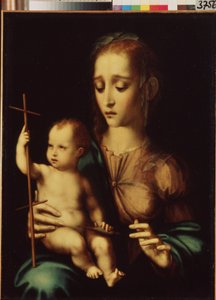 Madonna en kind met een spinrokken door Luis de Morales