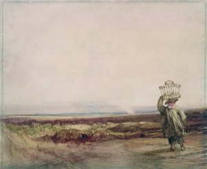 Een Jongen die een Mand op zijn Hoofd draagt, in een Heidelandschap door Luke Clennell