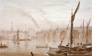 Uitzicht op Blackfriars Bridge vanaf de Surrey-oever, met boten op de voorgrond, Londen, ca. 1825 door Luke Clennell