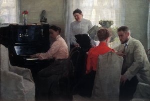 De vrijer (een jonge man maakt het hof onder toezicht van twee vrouwen, waarvan een piano speelt) door Lukjan Vasilievich Popov