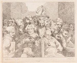 Literaire personages verzameld rond het medaillon van Shakespeare