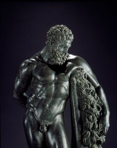 Griekse kunst: Herakles rustend (detail). Bronzen sculptuur van Lysippe van Sicyone (395-305 v.Chr.) 4e eeuw v.Chr. Uit het heiligdom van Ercole Curino, Sulmona. Museo Nazionale Archeologico, Chieti, Italië door Lysippos (attributed to)