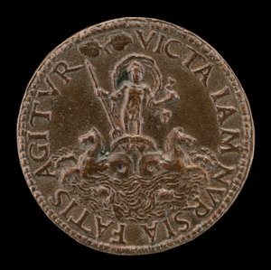 Neptunus in een zeewagen [achterkant] door Lysippus Junior