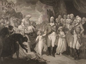 De Markies Cornwallis ontvangt de gijzelaar prinsen, zonen van Tippoo Sultan door M. (after) Brown