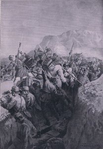 Mislukte aanval door de Italianen op de hoogten van Doberdo, uit De Geïllustreerde Geschiedenis van de Wereldoorlog 1914-1915, uitgegeven door Union Berlagsefellfchaft door M. Barascudts