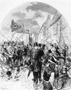 Oproer in Ierland - Een katholieke priester gearresteerd door de politie in Mullingar wordt gered door het volk, uit Le Monde Illustré, 25 juni 1881