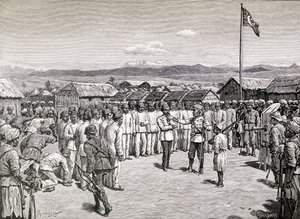Sir Henry Morton Stanley spreekt rebellerende officieren toe in Kavalli, 1890