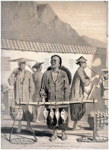 Vishandelaren, Victoria Street, Hong Kong, China, ca. 1860 door M and N Hanhart