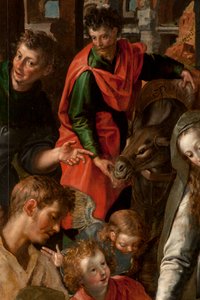 Aanbidding der Wijzen, drieluik, centraal paneel, detail door Maarten de Vos