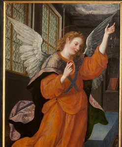 Aanbidding der Wijzen, drieluik, linker paneel, achterkant, detail door Maarten de Vos
