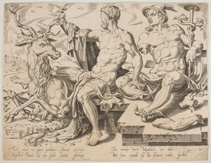 Naftali met een hert en een gebroken standbeeld van Mercurius, uit de serie De Twaalf Patriarchen, gravure door Dirk Volkertsz Coornhert door Maarten van Heemskerck