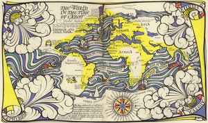 Kaart van de wereld in de tijd van de navigators John en Sebastian Cabot door MacDonald Gill