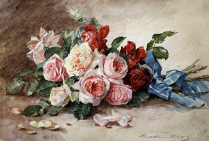 Boeket van rozenbloemen. Schilderij van Madeleine Jeanne Lemaire (1845-1928) Privécollectie. door Madeleine Lemaire