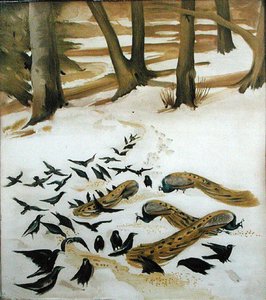 Vogels die in de sneeuw eten