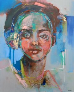 She Speaks For Herself, 2020 (acryl, pastel en bladgoud op doek)