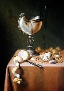 Een Stilleven met een Nautilusbeker, een Gepelde Citroen en Walnoten