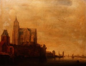 Groote Kerk met Uitzicht op de Hoofdtoren, Emmerich in een Rivierlandschap met Zeilboten door Maerten Fransz van der Hulst