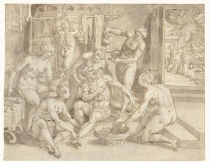 De rijke man in bad door Maerten de Vos
