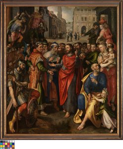 Dutch: De tolpenning (Matteus 17:24-27; links), de cijnspenning (Lucas 20:21-26; midden), de parabel van de arme weduwe (Marcus 21:41-44; rechts) (Altaar van het muntmakersambacht) Altarpiece of the Guild of the Minters