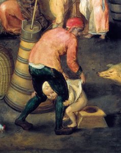 Vlaams huisinterieur. Een man houdt een kleine jongen op het potje