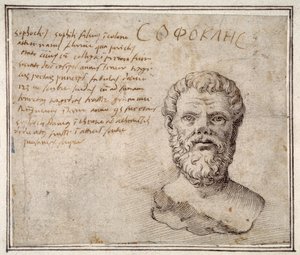 Antieke buste van Sophocles, geannoteerd, na Fulvio Orsini door Maerten van Heemskerck