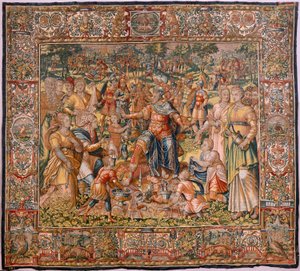 Diocesaan museum. Vlaamse wandtapijt. Brussel. Atelier François Geubels. Serie Verhaal van Gideon. De Israëlieten geven hun deel van de buit aan Gideon. Zijde en wol. Legaat van Bisschop. door Maerten van Heemskerck