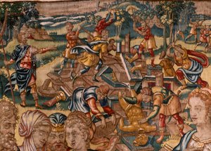 Diocesaan museum (Museo Diocesano). Vlaams wandtapijt. Serie Verhaal van Gideon. Joash wordt geïnformeerd dat Gideon het altaar van Baäl heeft vernietigd.