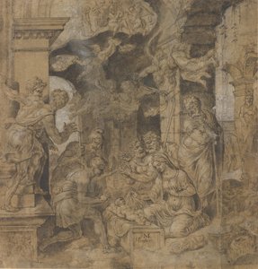 De aanbidding van de herders (verso: schetsen)