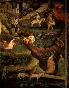 Werk op het veld, detail uit Maand Oktober, Cyclus van Maanden door Maestro (attr. to) Venceslao