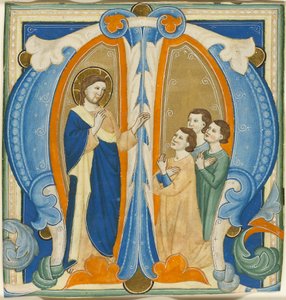 Christus zegent drie jonge mannen, initiaal M van een graduale