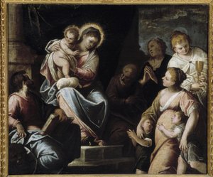 De Maagd heeft het Kind omringd door theologische deugden Allegorie van Geloof, Hoop en Liefde