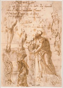 Twee bladen uit een schetsboek. Zes studies voor staande figuren, twee studies voor benen, drie schetsen voor voeten en één hoofd door Maganza