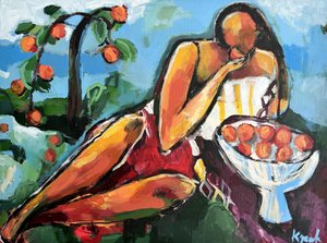 Liggende vrouw in abrikooskleur