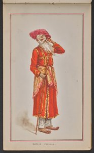 Oudere hofbeambte van de Kolhapur durbar, gekleed in een rode jas en roze tulband (aquarel op papier) door Mahadev Vishvanath Dhurandhar