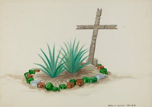 Kinder graf met houten kruis - Flesdecoraties, ca. 1937