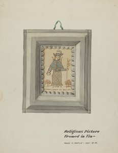 Handgetekende Santo Nino de Atocha - handgemaakte tinnen lijst door Majel G. Claflin