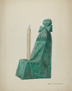 Geschilderde houten kandelaar, met groeven en cirkels, ca. 1937