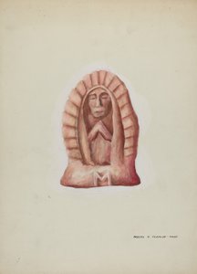 Kleine standbeeld van Guadalupe uit steen gehouwen, ca. 1937 door Majel G. Claflin