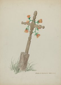 Houten kruis gebruikt als grafsteen, ca. 1937