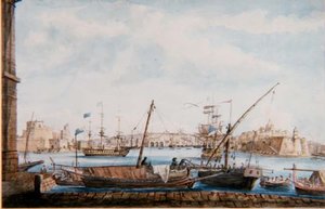 Uitzicht op de haven van de galeien vanaf Valetta-zijde door Major James of Tolcross Weir