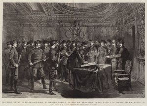 De staatsgreep in Bulgarije, prins Alexander gedwongen zijn abdicatie te ondertekenen in het paleis van Sofia, 2.30 uur 21 augustus
